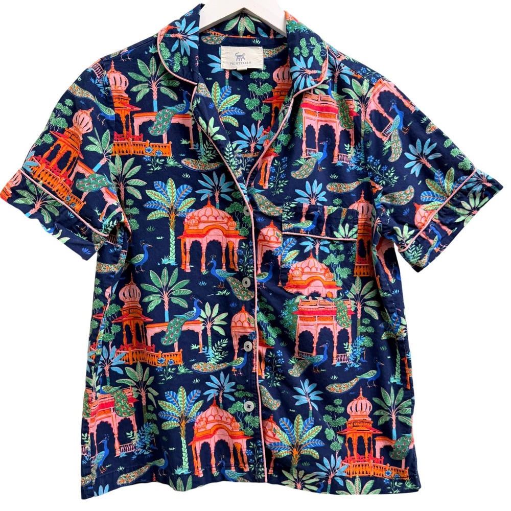 Printfresh Pajama Top Women XS Bagheera Peacock Organic Cotton Short Sleeve Blue
